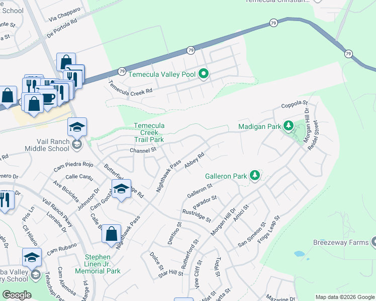 map of restaurants, bars, coffee shops, grocery stores, and more near 33878 Abbey Road in Temecula