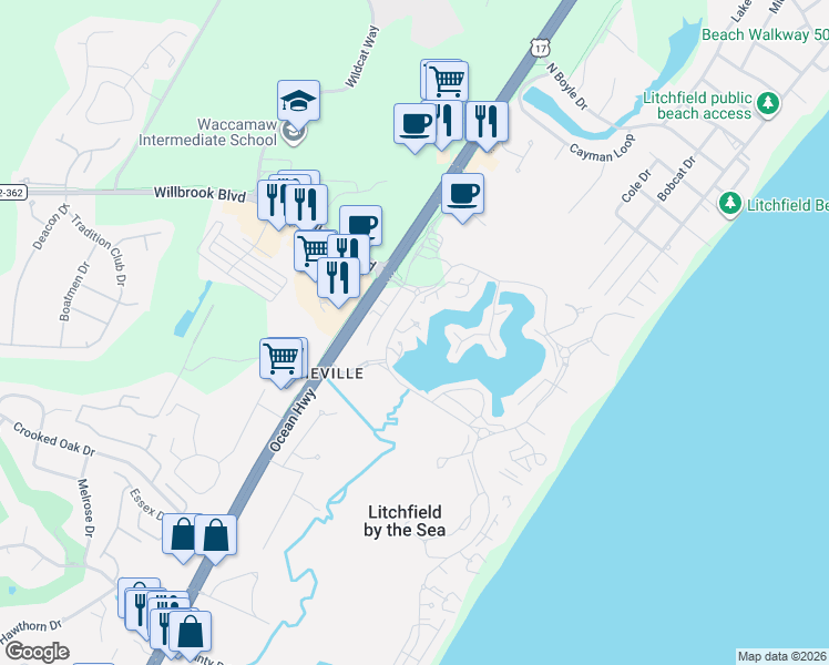 map of restaurants, bars, coffee shops, grocery stores, and more near 58 Billfish Court in Pawleys Island