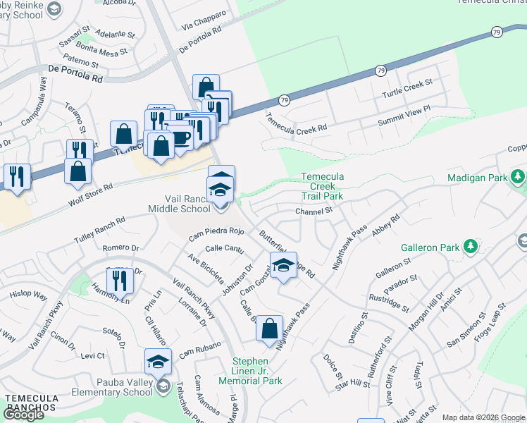 map of restaurants, bars, coffee shops, grocery stores, and more near 33433 Emerson Way in Temecula