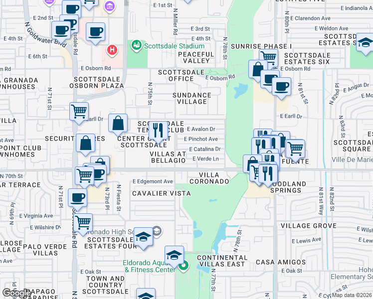 map of restaurants, bars, coffee shops, grocery stores, and more near 2999 North 76th Place in Scottsdale