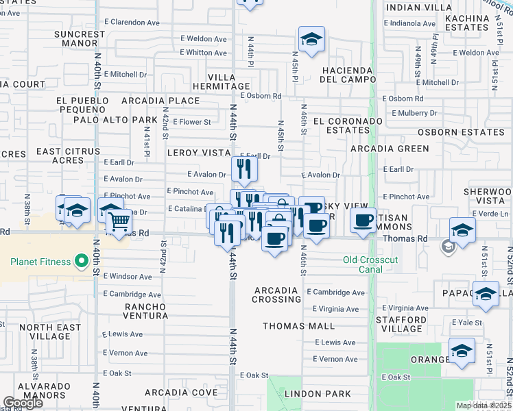 map of restaurants, bars, coffee shops, grocery stores, and more near 4488 East Thomas Road in Phoenix