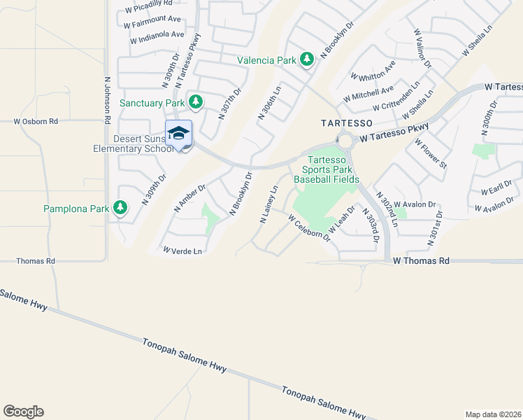 map of restaurants, bars, coffee shops, grocery stores, and more near 3090 North Lainey Lane in Buckeye