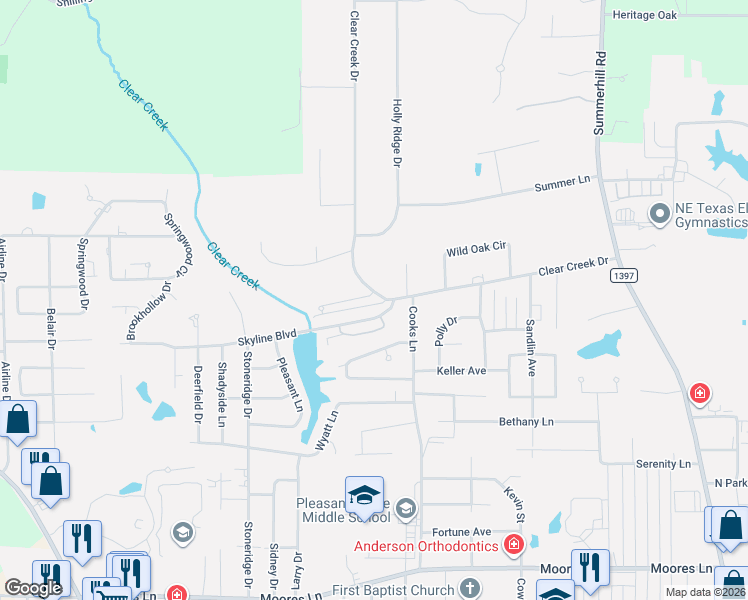 map of restaurants, bars, coffee shops, grocery stores, and more near 3502-3504 Skyline Boulevard in Texarkana