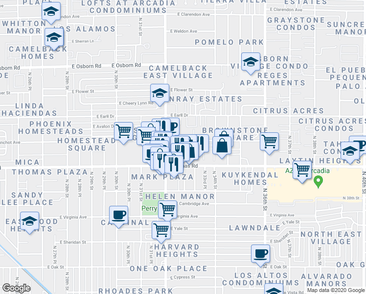 map of restaurants, bars, coffee shops, grocery stores, and more near 3247 East Pinchot Avenue in Phoenix