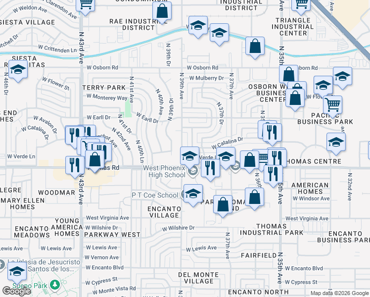map of restaurants, bars, coffee shops, grocery stores, and more near 2936 North 39th Avenue in Phoenix
