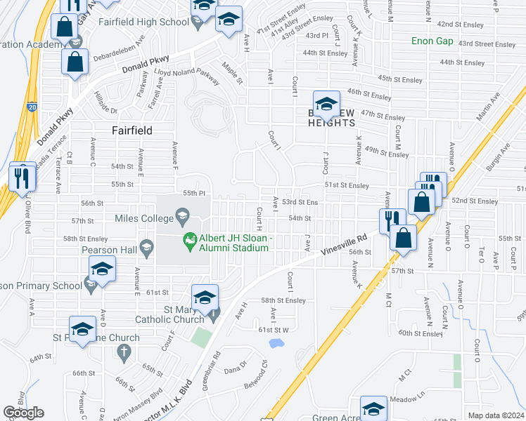 map of restaurants, bars, coffee shops, grocery stores, and more near 5313 Court H in Birmingham