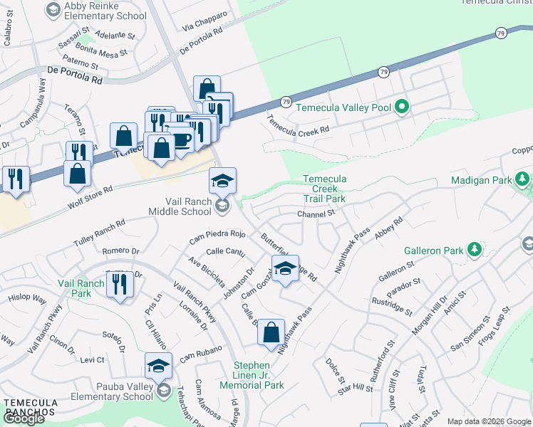map of restaurants, bars, coffee shops, grocery stores, and more near 33433 Emerson Way in Temecula