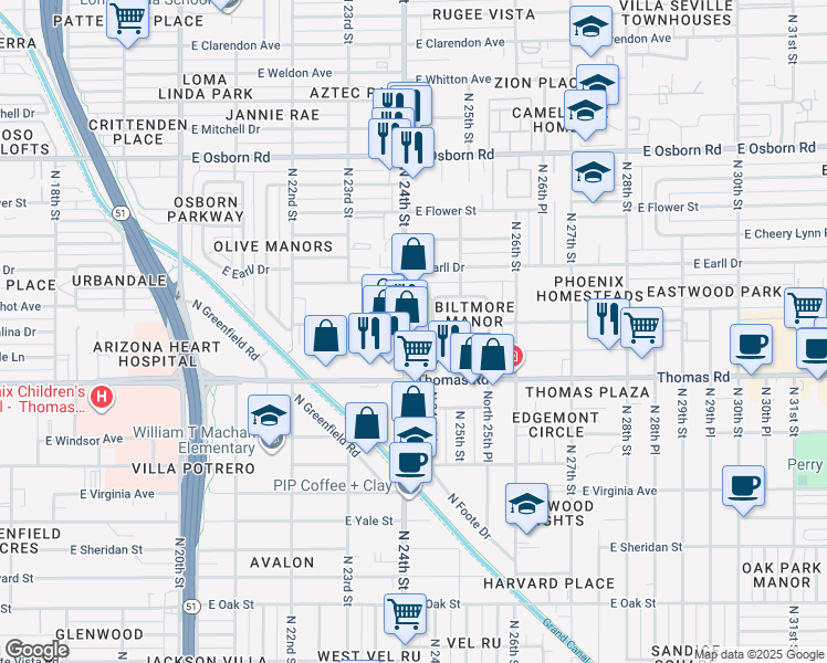 map of restaurants, bars, coffee shops, grocery stores, and more near in Phoenix