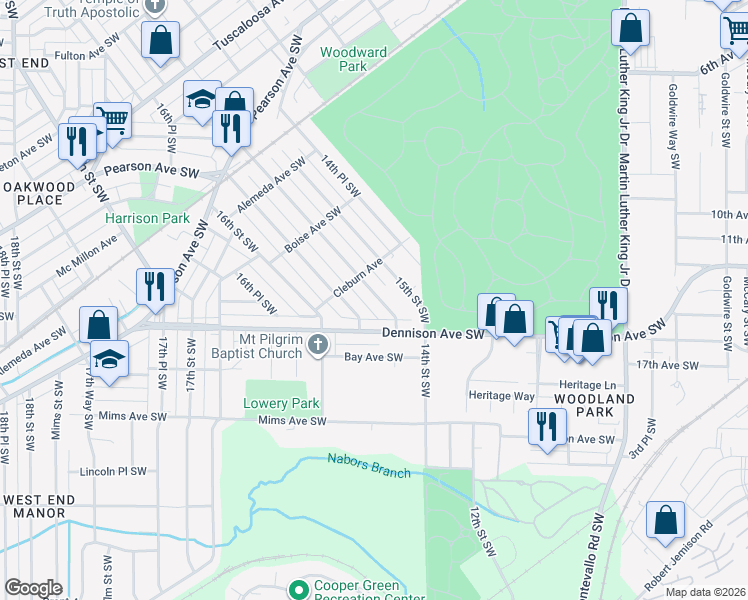 map of restaurants, bars, coffee shops, grocery stores, and more near 1348 15th Street Southwest in Birmingham