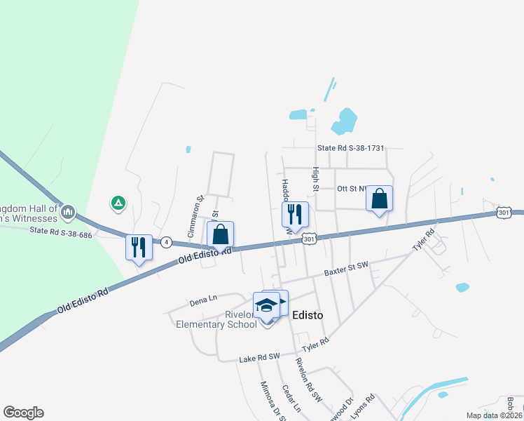 map of restaurants, bars, coffee shops, grocery stores, and more near 164 Rivelon Road in Orangeburg