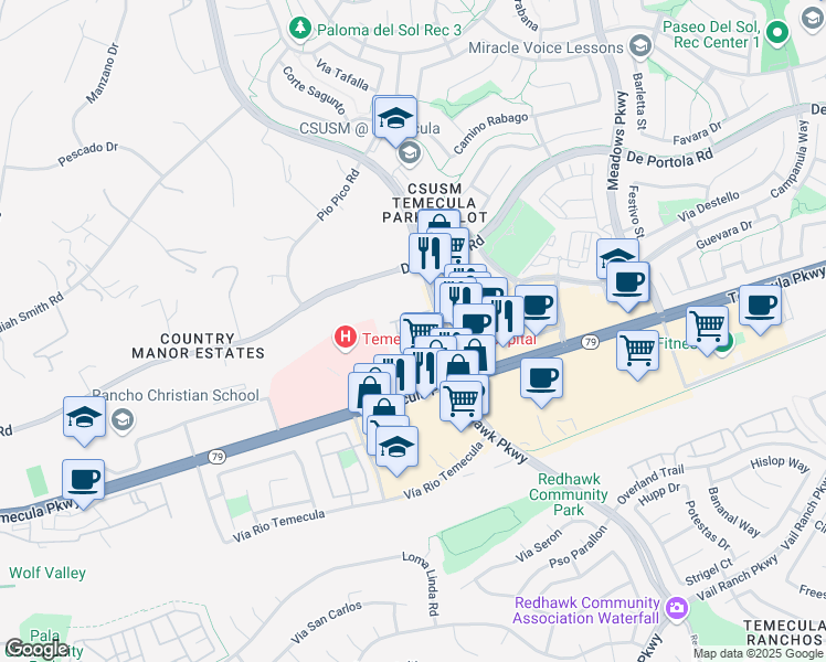 map of restaurants, bars, coffee shops, grocery stores, and more near 31720 Temecula Parkway in Temecula