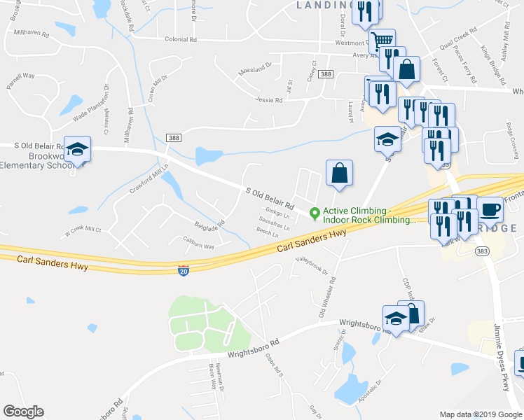 map of restaurants, bars, coffee shops, grocery stores, and more near 103 Ginkgo Lane in Grovetown