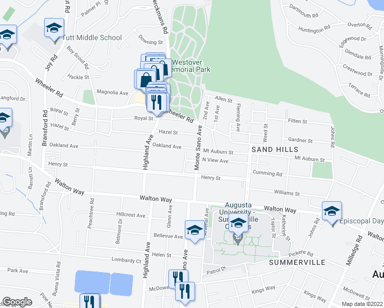 map of restaurants, bars, coffee shops, grocery stores, and more near 801 Monte Sano Avenue in Augusta