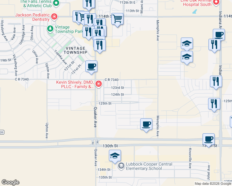 map of restaurants, bars, coffee shops, grocery stores, and more near 4105 124th Street in Lubbock