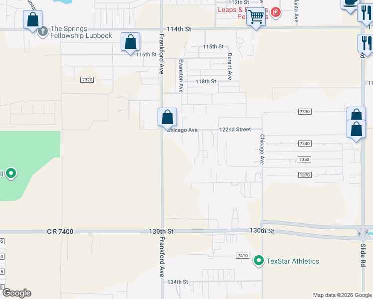 map of restaurants, bars, coffee shops, grocery stores, and more near 5711 122nd Street in Lubbock