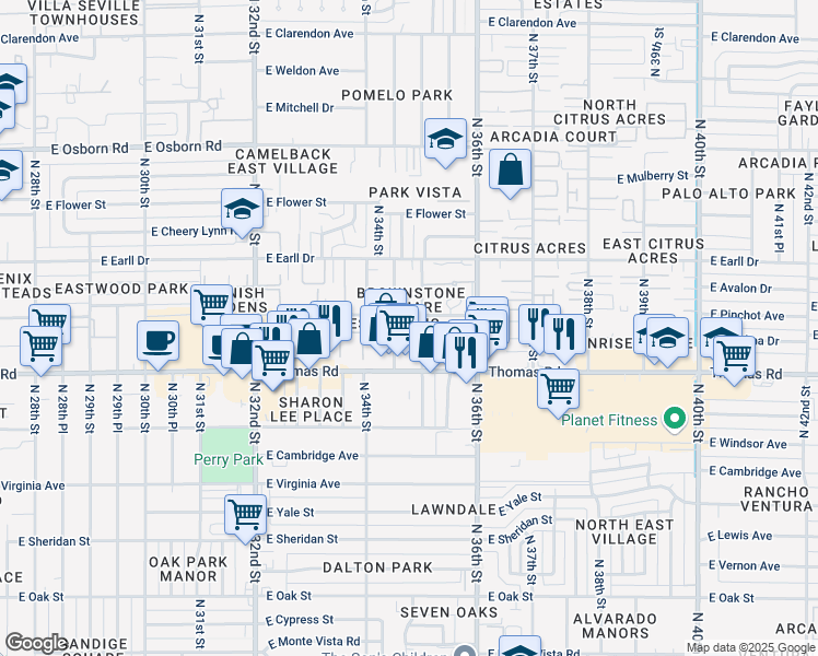 map of restaurants, bars, coffee shops, grocery stores, and more near 2922 North 35th Street in Phoenix
