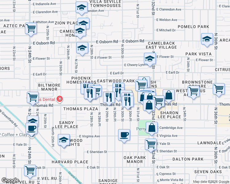 map of restaurants, bars, coffee shops, grocery stores, and more near 2928 North 29th Place in Phoenix