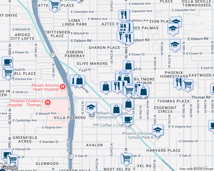 map of restaurants, bars, coffee shops, grocery stores, and more near 2933 North 22nd Place in Phoenix