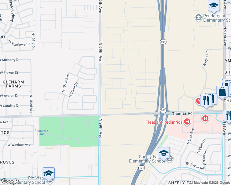 map of restaurants, bars, coffee shops, grocery stores, and more near 2918-3480 North 99th Avenue in Avondale