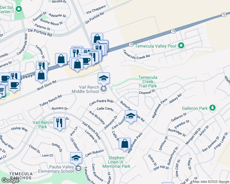 map of restaurants, bars, coffee shops, grocery stores, and more near 33417 Emerson Way in Temecula