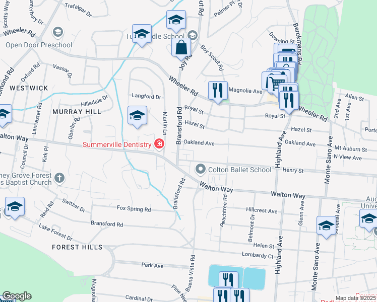 map of restaurants, bars, coffee shops, grocery stores, and more near 2925 Henry Street in Augusta