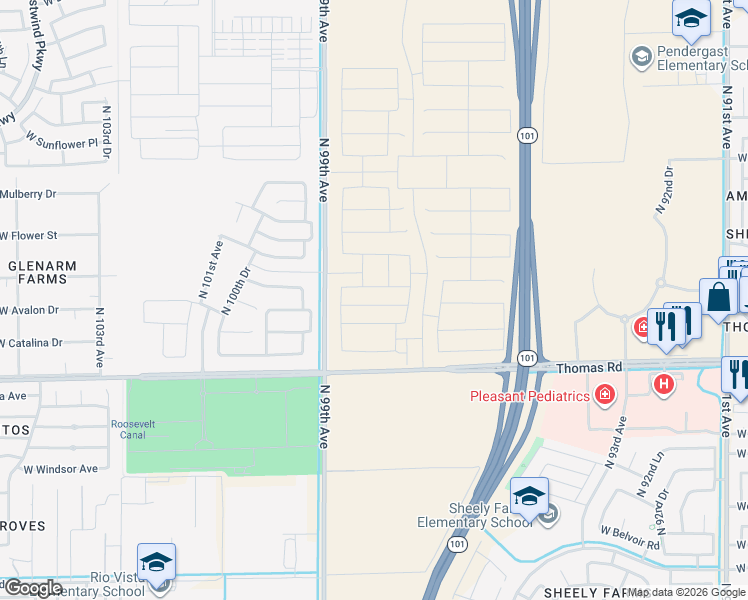 map of restaurants, bars, coffee shops, grocery stores, and more near 2918-3480 North 99th Avenue in Avondale