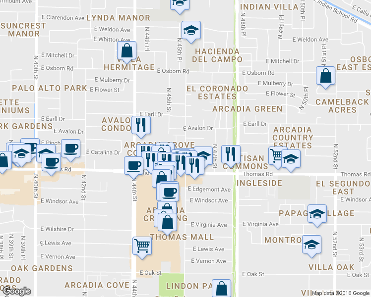map of restaurants, bars, coffee shops, grocery stores, and more near 2963 North 46th Street in Phoenix