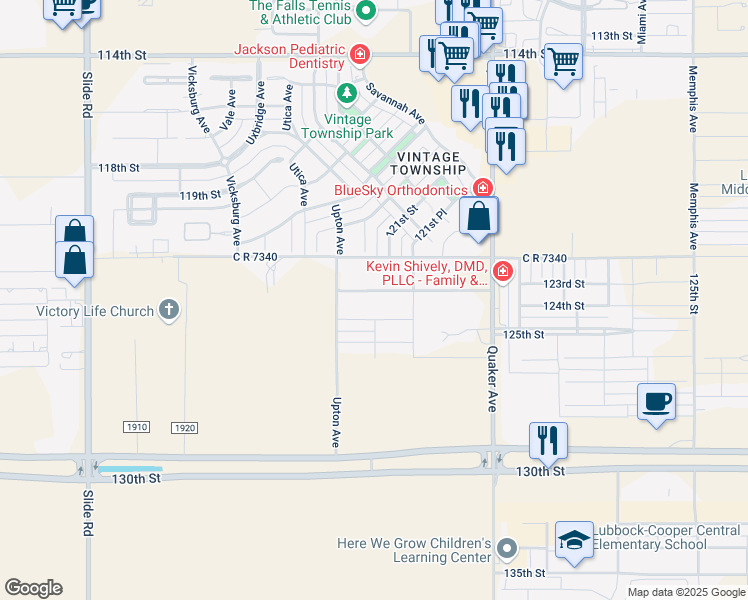 map of restaurants, bars, coffee shops, grocery stores, and more near 4607 124th Street in Lubbock