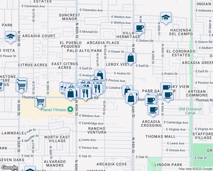 map of restaurants, bars, coffee shops, grocery stores, and more near 2900 North 42nd Street in Phoenix