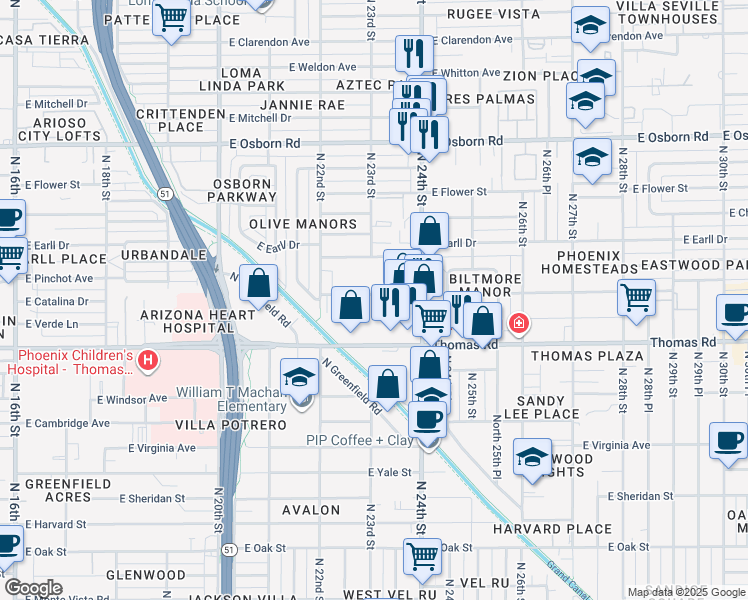 map of restaurants, bars, coffee shops, grocery stores, and more near 2315 East Pinchot Avenue in Phoenix