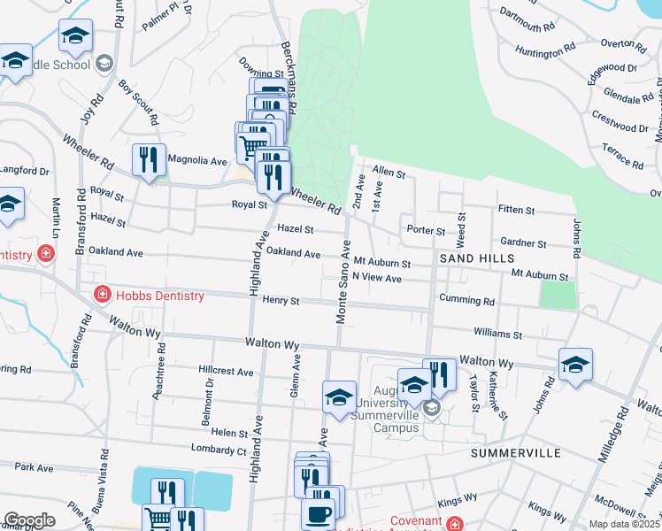 map of restaurants, bars, coffee shops, grocery stores, and more near 801 Monte Sano Avenue in Augusta