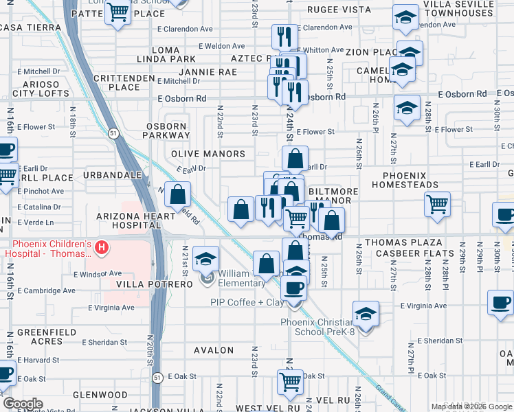 map of restaurants, bars, coffee shops, grocery stores, and more near 2315 East Pinchot Avenue in Phoenix