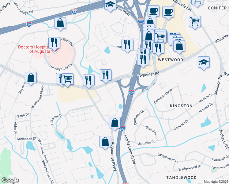map of restaurants, bars, coffee shops, grocery stores, and more near 1 George C Wilson Court in Augusta