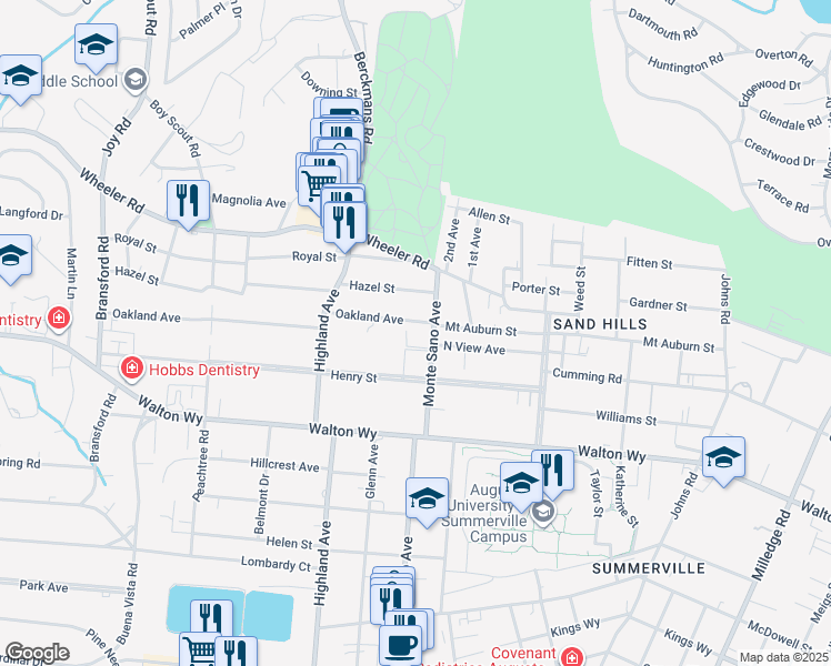 map of restaurants, bars, coffee shops, grocery stores, and more near 801 Monte Sano Avenue in Augusta