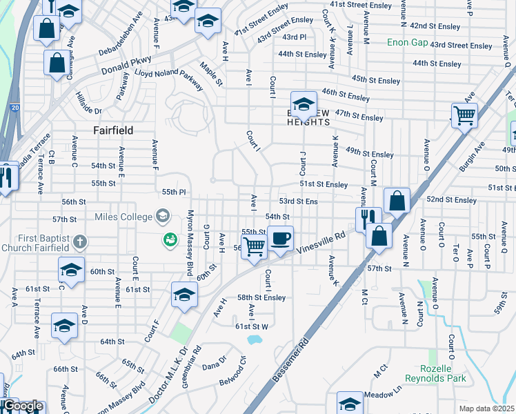 map of restaurants, bars, coffee shops, grocery stores, and more near 5309 Avenue I in Birmingham