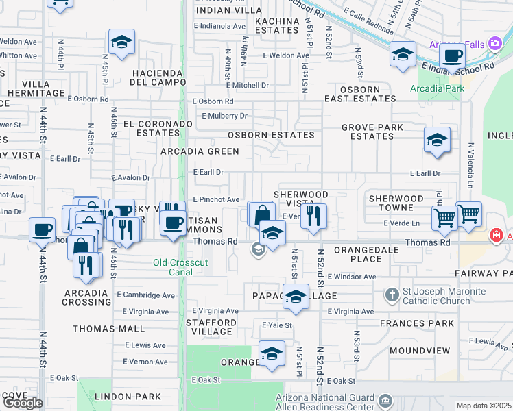 map of restaurants, bars, coffee shops, grocery stores, and more near 3002 North 50th Street in Phoenix