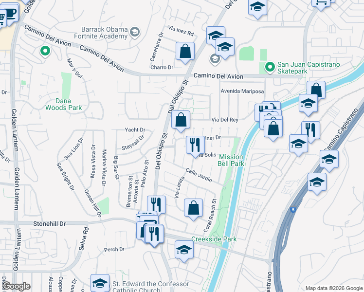 map of restaurants, bars, coffee shops, grocery stores, and more near 33152 Paseo Blanco in San Juan Capistrano