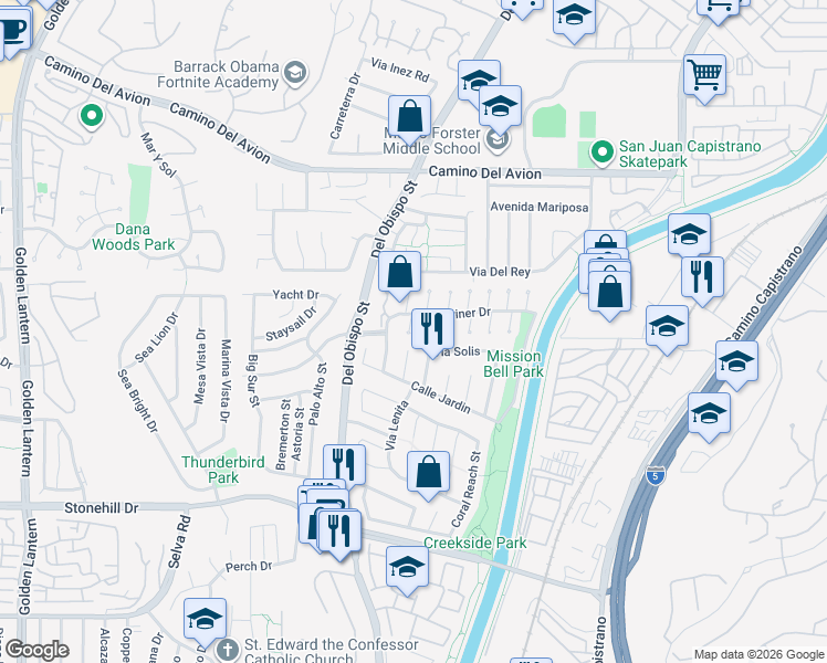 map of restaurants, bars, coffee shops, grocery stores, and more near 33112 Sandpiper Court in San Juan Capistrano