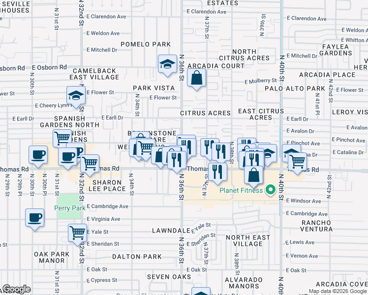 map of restaurants, bars, coffee shops, grocery stores, and more near 2939 North 36th Street in Phoenix