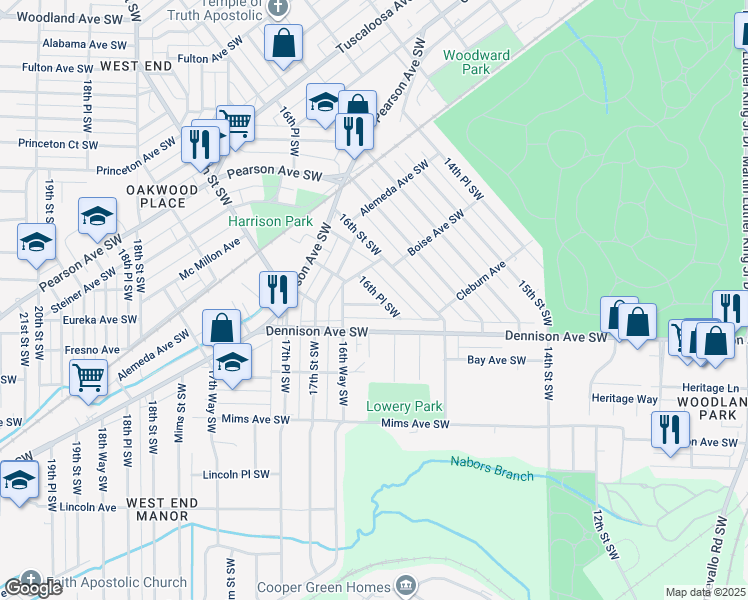 map of restaurants, bars, coffee shops, grocery stores, and more near 1228 16th Place Southwest in Birmingham