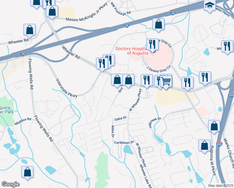 map of restaurants, bars, coffee shops, grocery stores, and more near 1215 Roy Street in Augusta