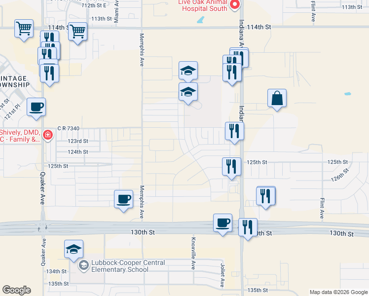 map of restaurants, bars, coffee shops, grocery stores, and more near 122nd Street in Lubbock