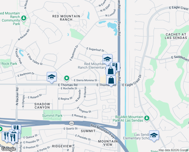 map of restaurants, bars, coffee shops, grocery stores, and more near 6564 East Sierra Morena Street in Mesa