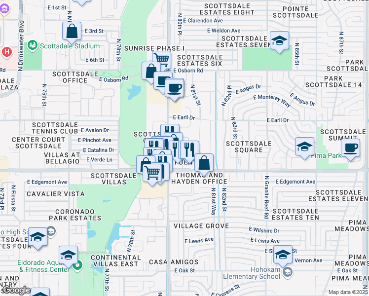 map of restaurants, bars, coffee shops, grocery stores, and more near in Scottsdale