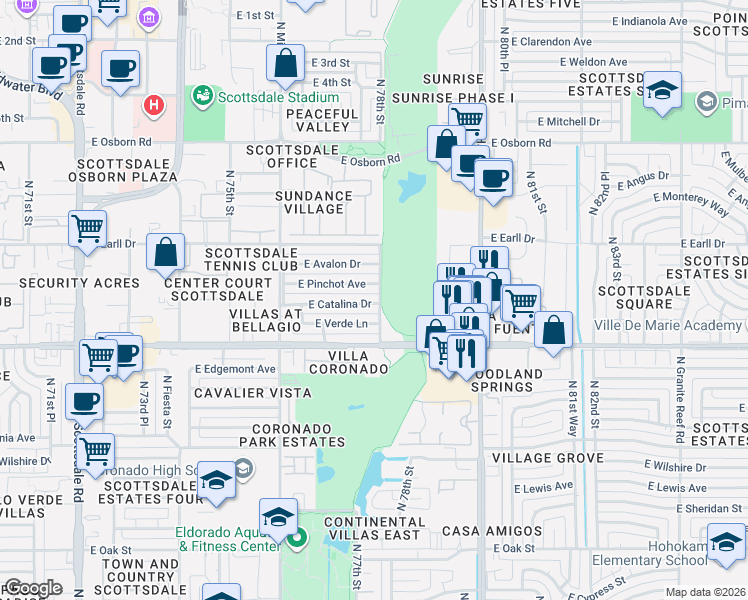 map of restaurants, bars, coffee shops, grocery stores, and more near 7760 East Verde Lane in Scottsdale