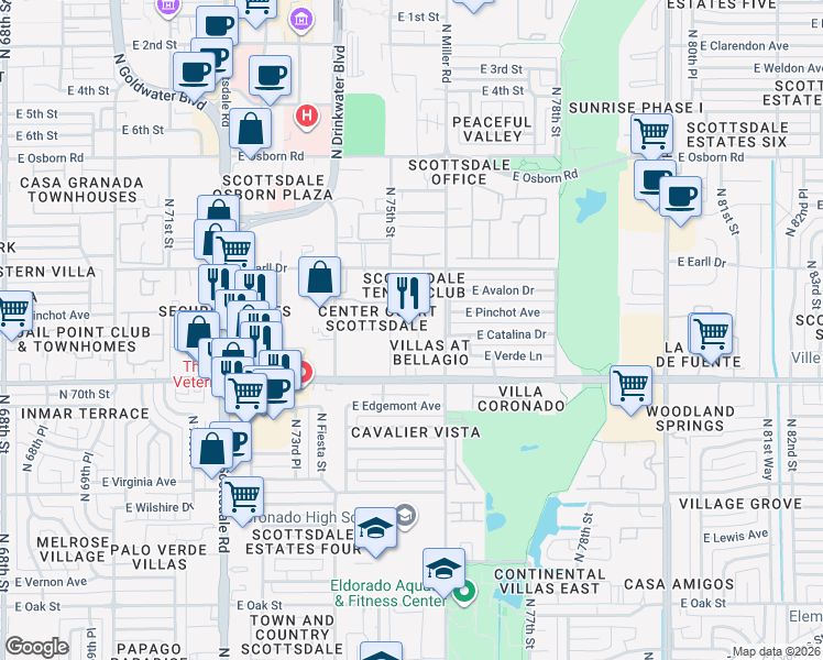 map of restaurants, bars, coffee shops, grocery stores, and more near 7510 North 75th Place in Scottsdale