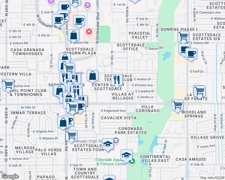 map of restaurants, bars, coffee shops, grocery stores, and more near 7510 North 75th Place in Scottsdale