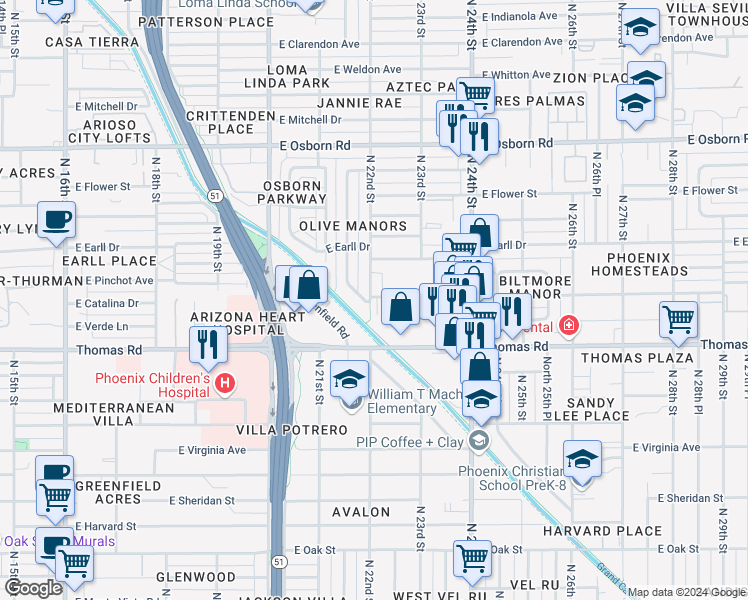 map of restaurants, bars, coffee shops, grocery stores, and more near 2930 North 21st Place in Phoenix