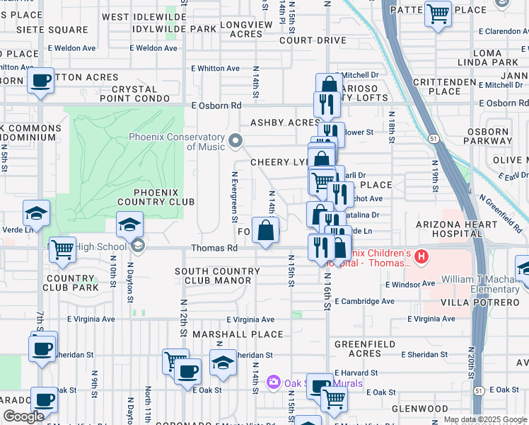 map of restaurants, bars, coffee shops, grocery stores, and more near 2932 North 14th Street in Phoenix