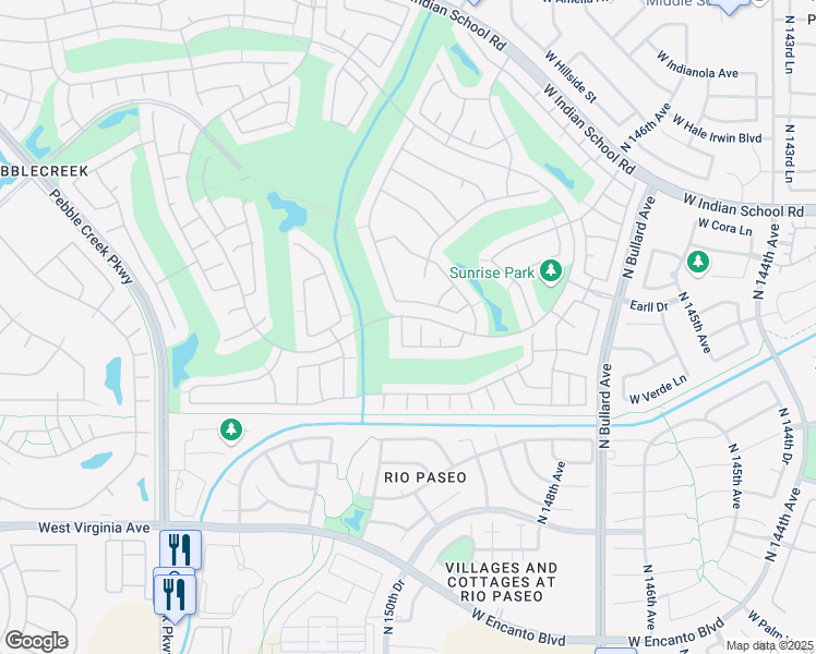 map of restaurants, bars, coffee shops, grocery stores, and more near 3105 North 150th Lane in Goodyear